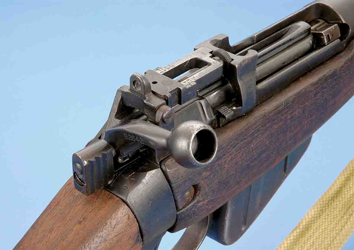 The British hollowed out the bolt knobs on No. 5 carbines. Most military carbines had open rear sights.